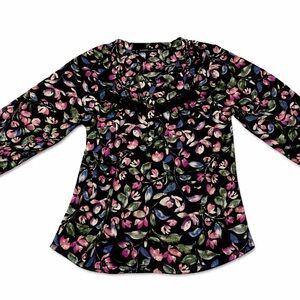 Black Floral Blouse | Sheer Sleeve | Lace Detail | Romantic Boho Top